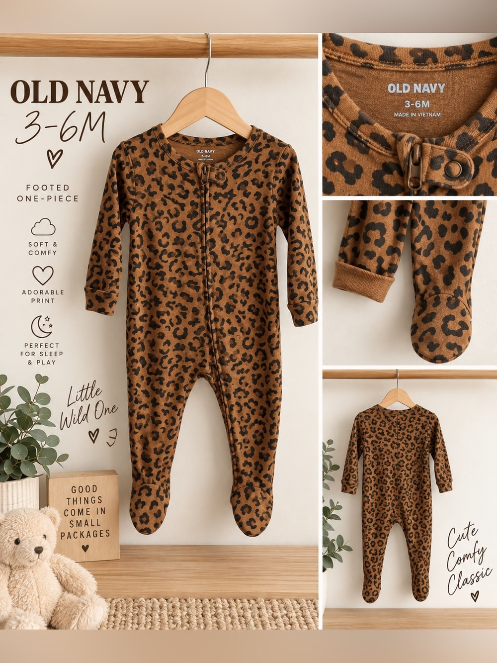 Old Navy Baby 3–6M Brown Leopard Print Footed Sleeper One-Piece